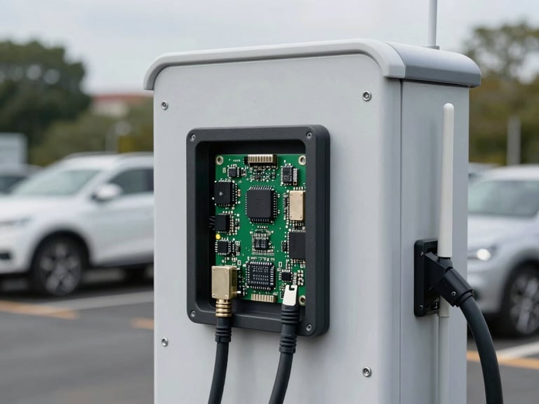 Close-up of a ruggedised cellular IoT modem mounted to the rear panel of a commercial EV charging station in an outdoor car park, cable conduits and antenna visible, natural overcast daylight, slightly desaturated, showing field-deployed hardware in real operating conditions