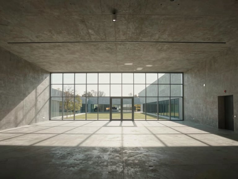 Wide architectural shot of a minimalist concrete and glass conference hall in Madrid, soft natural morning light casting long geometric shadows, off-center perspective.