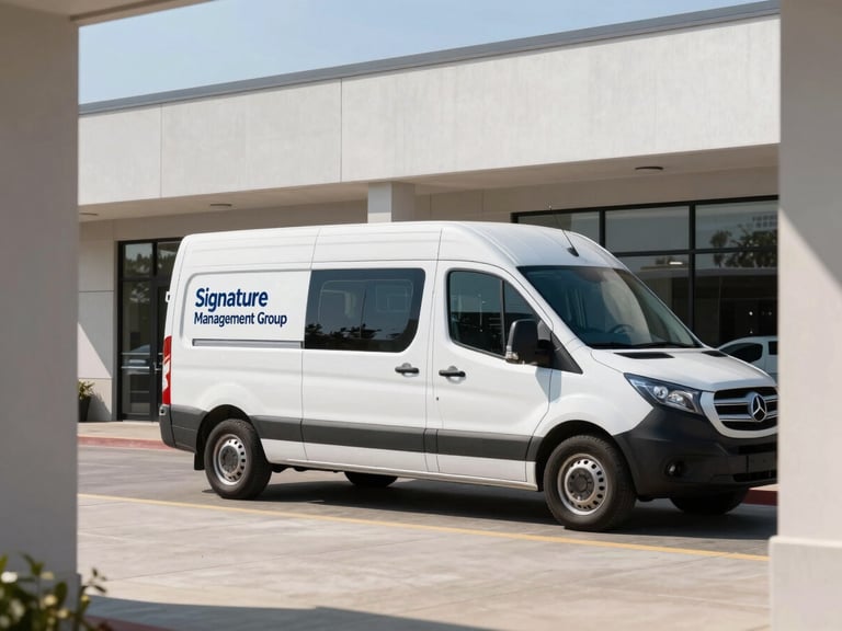 Branded Signature Management Group service vehicle, clean and modern, parked in front of a commercial building, crisp morning daylight, architectural framing.