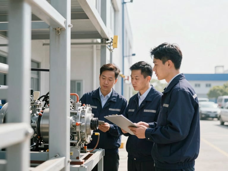 Professional team member in corporate-casual attire inspecting a mechanical system in a commercial building, sharp focus, bright morning daylight.