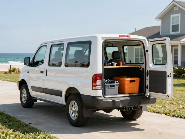 A clean, organized handyman work vehicle parked in a sunny Wilmington driveway, tools neatly arranged in the back, bright coastal daylight.