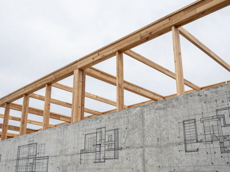 Close-up of detailed technical structural blueprints overlaid on a raw concrete construction wall, clean lines, sharp technical details, architectural office lighting