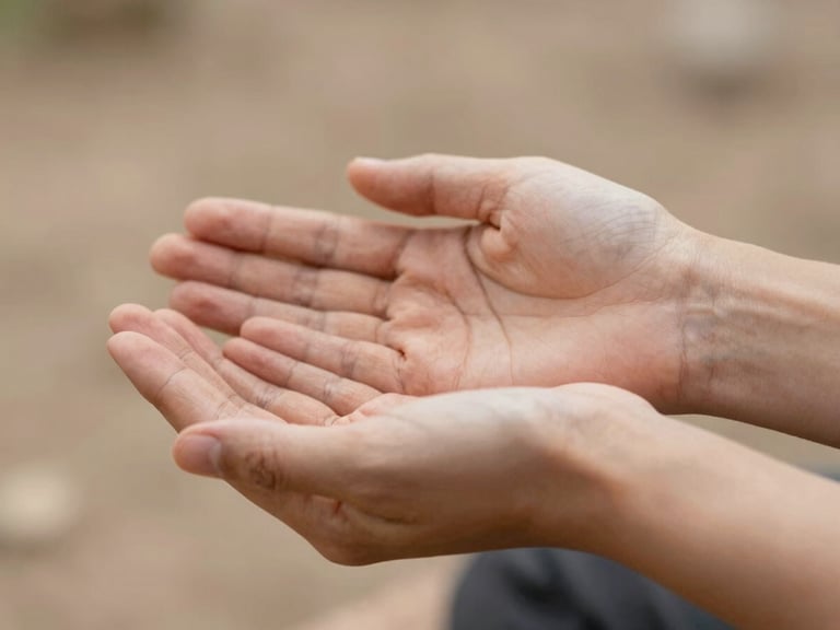 Close-up of hands gently cupped, depicting a mindful breathing exercise, soft natural daylight, warm earth tones, shallow depth of field.