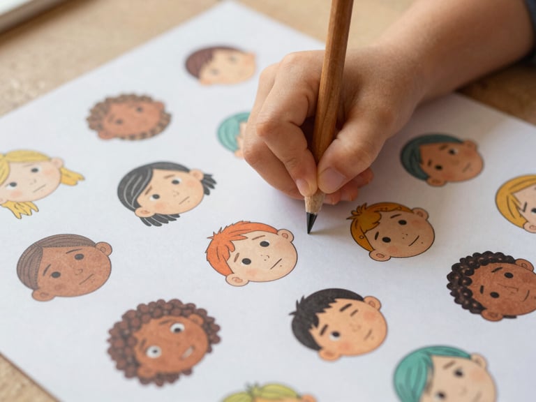 Close-up of a child's hand coloring an activity sheet depicting different emotions, culturally relevant illustrations, warm lighting.
