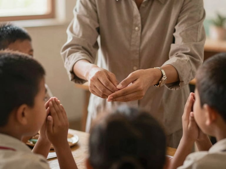 Myanmar teacher guiding children through a mindful breathing exercise in a classroom, soft natural light, warm earth tones, close-up on hands.