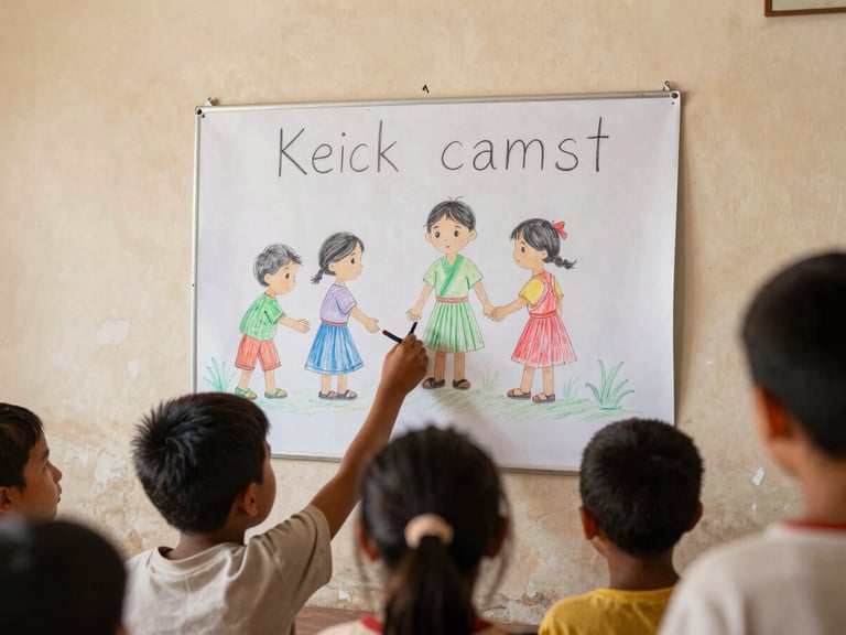 Classroom wall with a hand-drawn poster illustrating children cooperating, warm colors, natural light, Myanmar cultural elements.