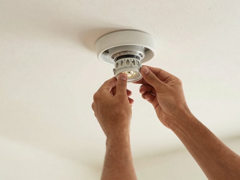Medium shot of hands installing a light fixture, precise work, shallow depth of field, warm clean tones, natural Florida daylight