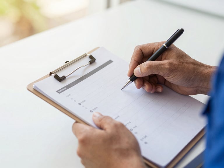 Close-up of a handyman's hands reviewing a checklist on a clipboard, bright natural Florida daylight, clean work surface, professional shallow depth of field