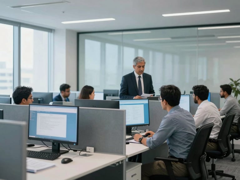 Bright modern office in Gurugram, clean glass partitions, professional financial consultants collaborating over screens, cool blue tones, 35mm lens.