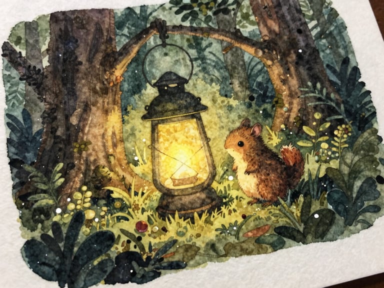 Close-up of a hand-painted watercolor illustration showing a tiny forest creature under a glowing lantern, rich paper texture.