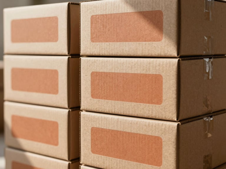 Textured cardboard boxes with custom clay terracotta labels stacked neatly under soft north-facing daylight