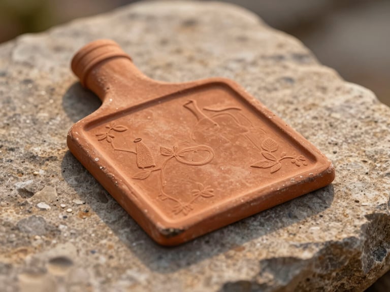 Macro close-up of an embossed terracotta wine label sitting on textured stone, warm golden hour shadows