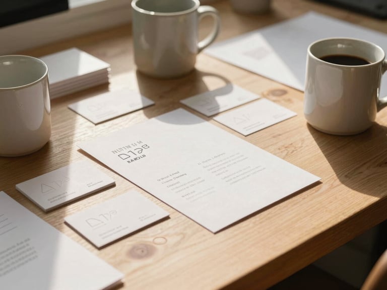 A cozy, sunlit design studio table scattered with physical packaging mockups, embossed business cards, and warm ceramic mugs under soft daylight.