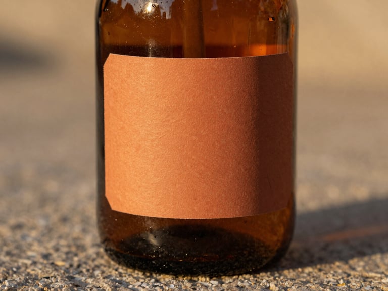 A close-up of a textured amber glass bottle with a warm clay terracotta label, resting on a rough stone surface under soft golden hour light, showing physical paper grain