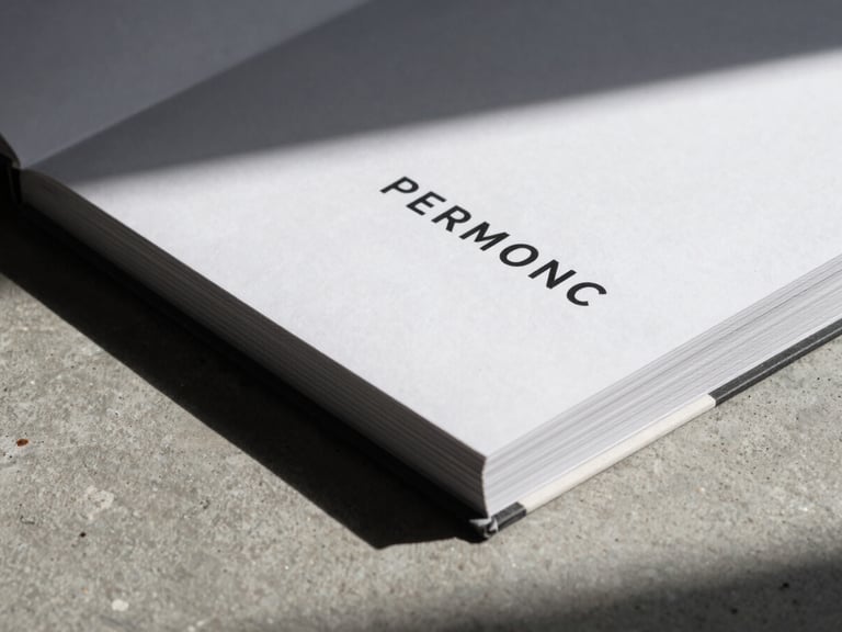Extreme close-up of a premium physical branding book on a raw concrete surface, sharp directional light casting deep shadows, 35mm editorial photography.