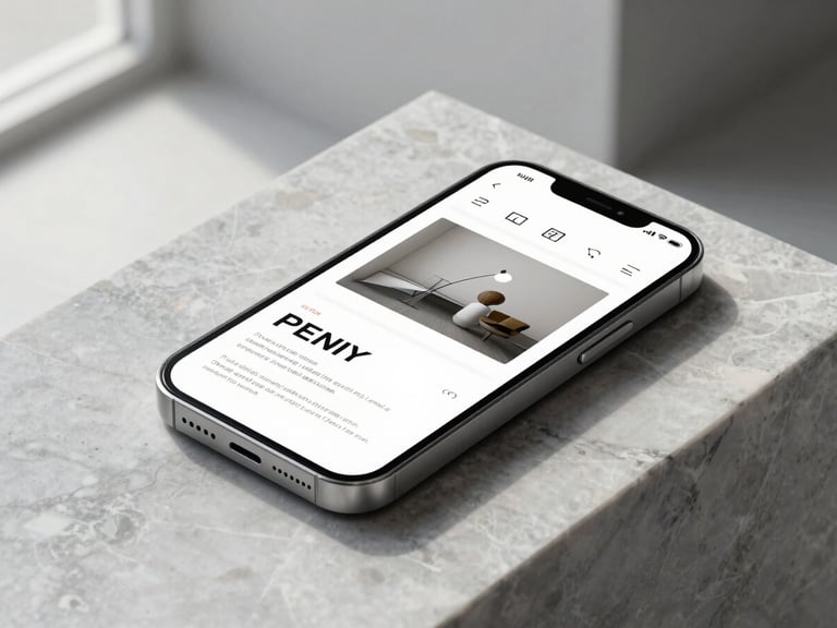 Close-up of a premium metallic smartphone mockup showing a clean editorial website layout, resting on a raw marble slab under diffused natural light.