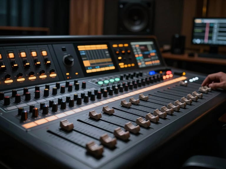 A close-up of a high-end editing suite console with glowing faders, dark ambient studio environment with warm amber status lights, cinematic 35mm photography