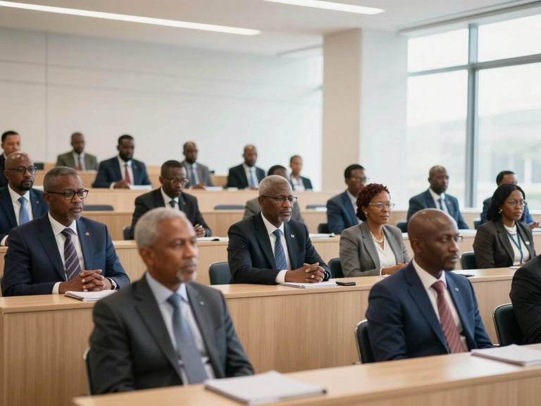 A professional group of diverse African financial leaders engaged in a high-level seminar in a state-of-the-art Casablanca lecture hall, bright natural architectural light, 35mm