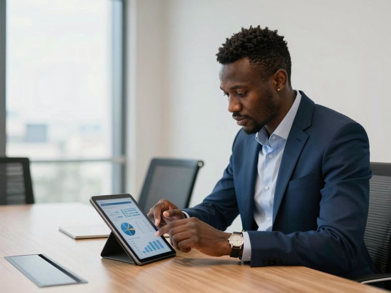 An editorial medium-wide shot of an African financial executive reviewing analytical data on a tablet in a modern Casablanca boardroom, soft professional studio lighting, shallow depth of field, 35mm