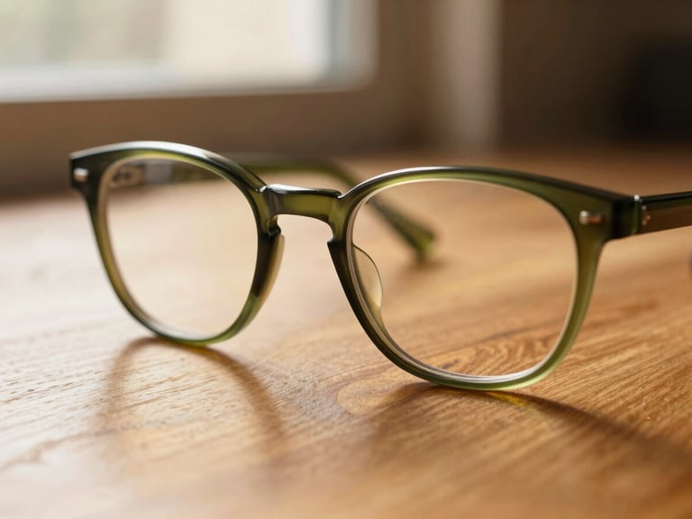Macro close-up of thick olive green acetate glasses resting on a wooden drafting table, warm sunlight casting soft shadows, 35mm