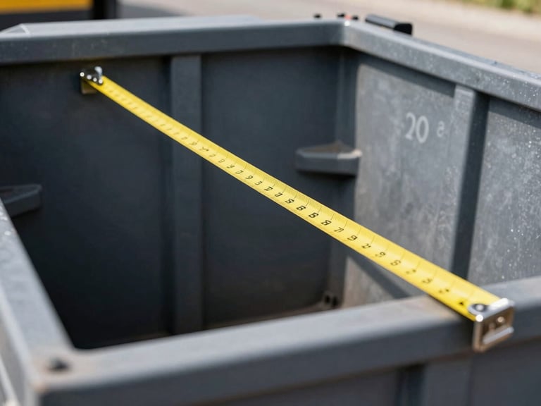 Measuring tape extended across the inside of a clean 20-yard dumpster, bright direct sunlight, focus on dimensions