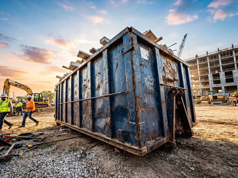 Low-angle heroic shot of a heavy-duty steel roll-off dumpster on an active construction site at dawn, bright direct Texas sunlight, high-contrast shadows, industrial commercial photography.