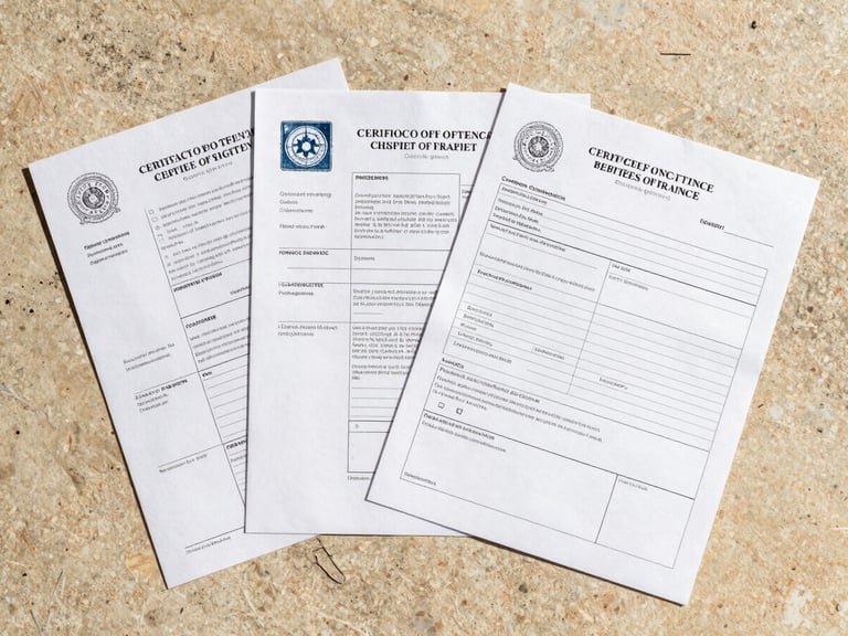 Overhead flat-lay of export shipping documents on a warm stone surface — a certificate of origin, a customs declaration form, and a fragrance compliance sheet fanned slightly, photographed under north-facing daylight with no shadows, sharp detail on printed text blocks and official stamps, no hands visible