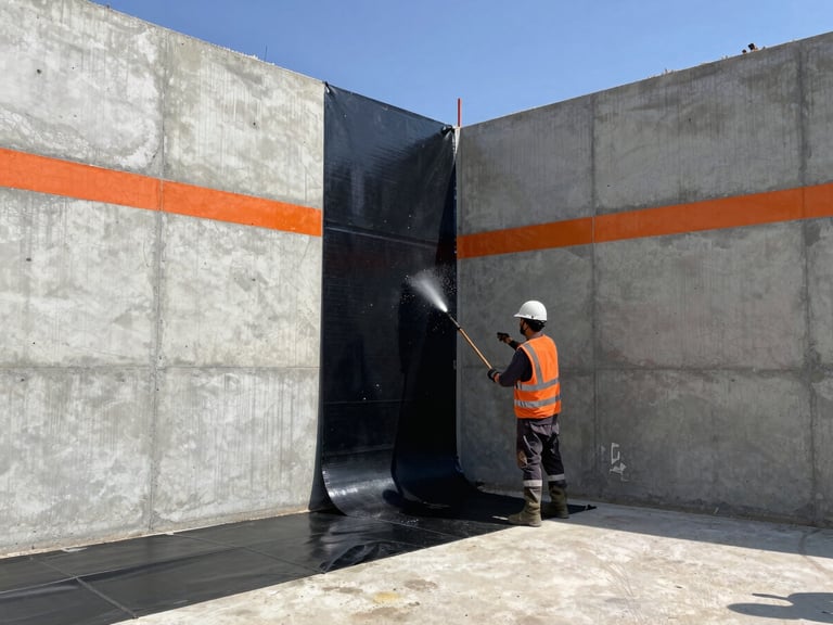 Wide shot of an active commercial construction site in direct harsh sunlight, a worker in safety gear torching a thick black waterproofing membrane onto a massive concrete foundation wall, cool gray concrete tones with safety orange accents.