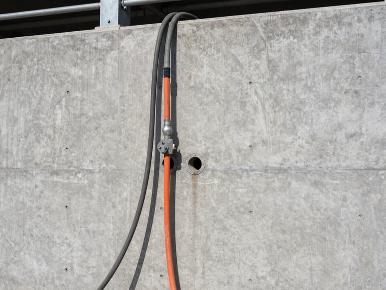 Structural concrete wall showing injection ports and high-pressure lines, industrial documentary photography style, cool grays.
