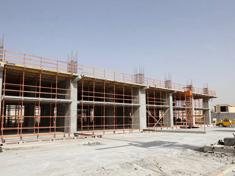 Wide-angle industrial shot of an active concrete construction site in Riyadh, harsh direct sunlight, safety orange scaffolding, sharp focus, 35mm lens.