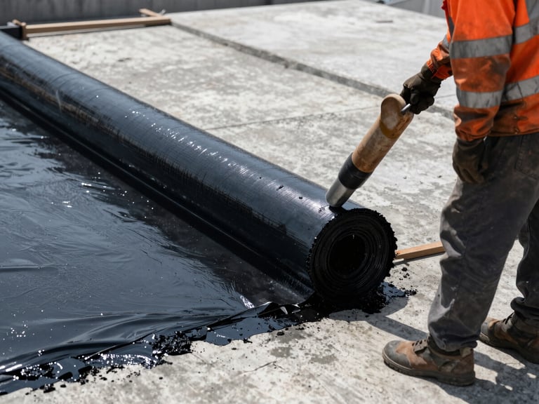 Close-up of a worker torching a thick black bitumen waterproofing membrane onto a massive concrete foundation, harsh sunlight, high-contrast.