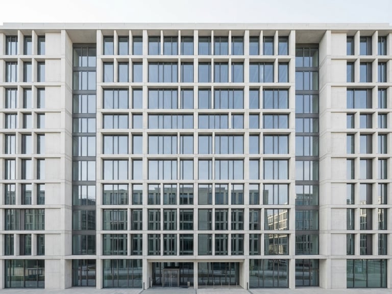 Straight-on architectural shot of a modern concrete building facade, sharp geometric lines, bright neutral daylight, crisp shadows, desaturated blue tones