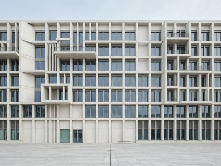 Straight-on architectural photography of a modern concrete building facade, bright neutral daylight, desaturated blue and slate grey tones, sharp focus, technical precision.