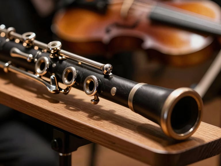 Close-up of polished black wood clarinet keys reflecting warm amber stage lights, resting on a wooden music stand with blurred orchestral strings in the background.