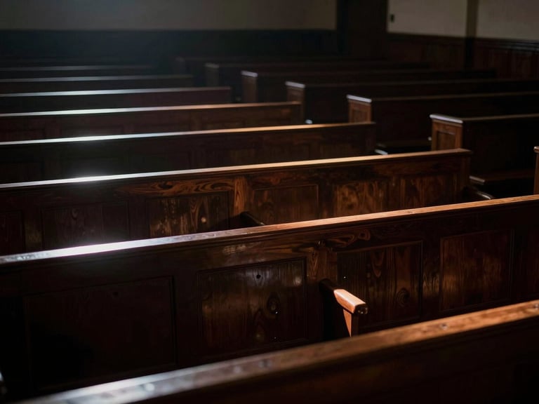 A shadowed courtroom interior with empty mahogany benches, dramatic side-lighting cutting through dust, cinematic noir style