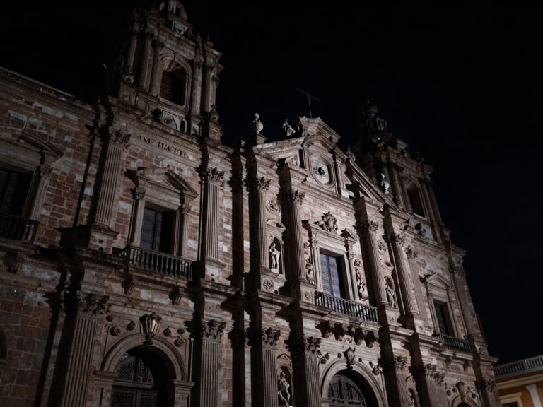 Low-angle shot of imposing judicial architecture in Morelia under a dark night sky, harsh side-lighting, deep shadows