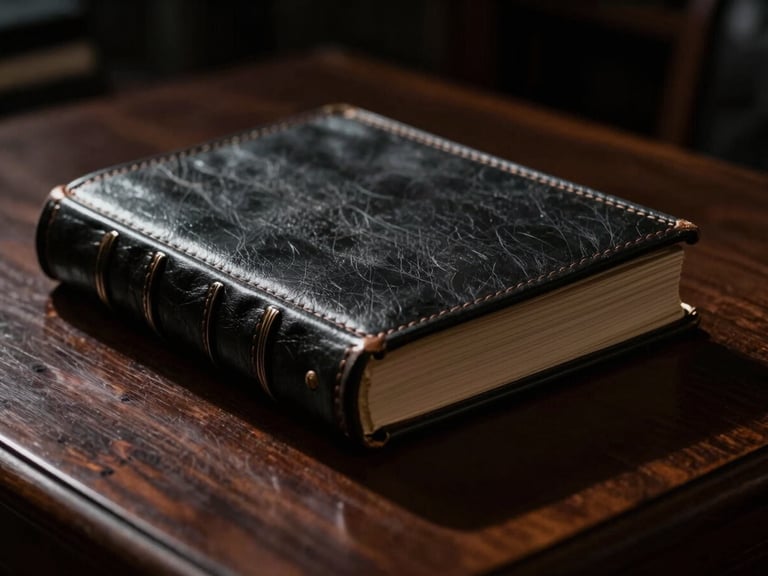 Close-up of leather-bound legal codes on a dark mahogany desk, dramatic low-key lighting, deep shadows, sharp focus