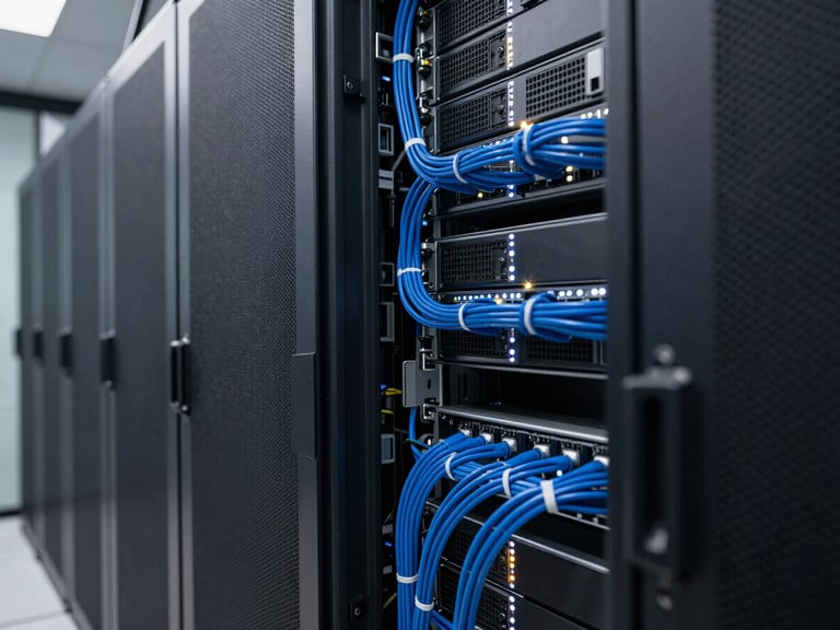 Crisp, structured architectural shot of a modern enterprise server room, clean routed blue cables, cool daylight mixed with subtle white LED indicator glows