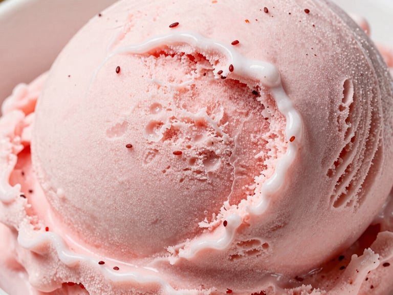 Extreme close-up of freshly churned strawberry ice cream with visible fruit seeds and soft melting textures, bright daylight, soft pink tones.