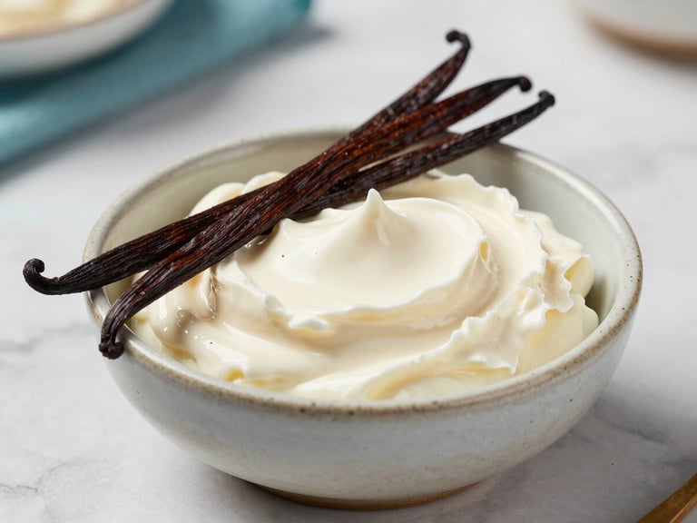 Macro shot of fresh vanilla pods and rich cream in a ceramic bowl on a daylight-flooded marble countertop, soft blue accents in the background