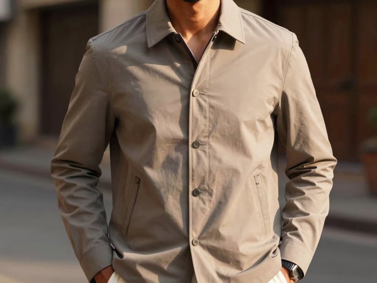 Modern Indian man wearing a stylish, lightweight jacket, hands in pockets, editorial street-style pose, warm natural light, off-center.