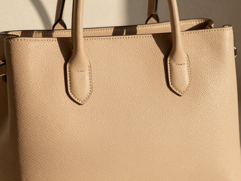 Close-up of a textured handbag in soft beige, architectural shadows, styled flat-lay, warm natural light, editorial crop.