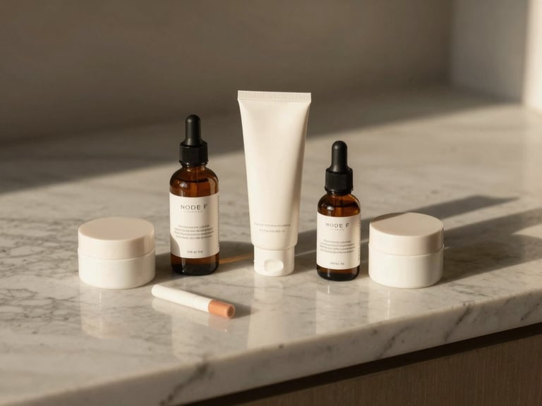 Clean beauty products on a marble counter, soft diffused studio light, minimalist flat lay