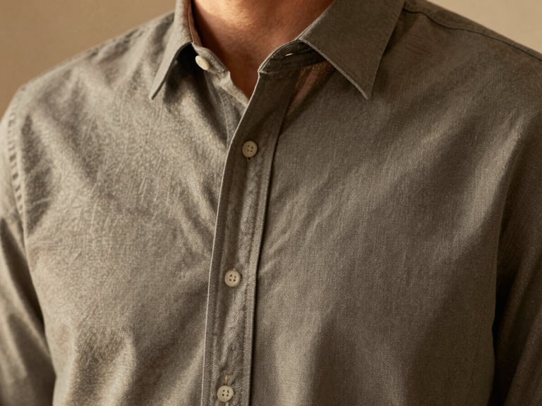 Close-up of a structured men's cotton shirt, subtle texture visible, natural diffused studio lighting, shallow depth of field, minimalist styling.