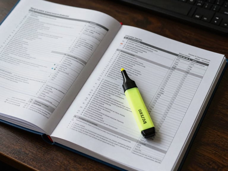 Close overhead shot of a desk mid-task, open customs compliance binders alongside printed tariff schedule pages, a highlighter resting on a clause, practical office fluorescent lighting, no people