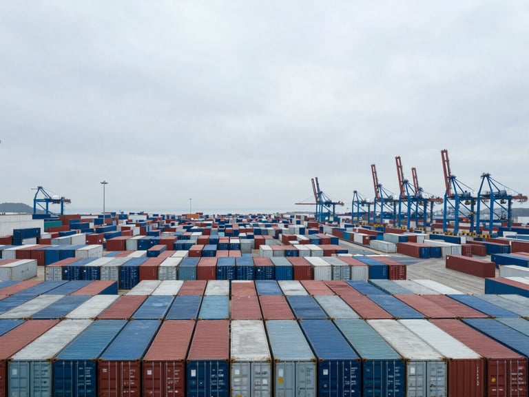 Wide panoramic view of a container terminal at overcast midday, rows of shipping containers extending to the horizon in muted blues and grays, dock cranes visible against a pale sky, no people, no text on containers legible