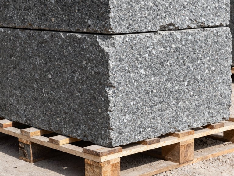 Close-up of raw hand-dressed granite blocks stacked on a heavy timber pallet, dusty on-site environment, hard natural sunlight highlighting deep stone textures.