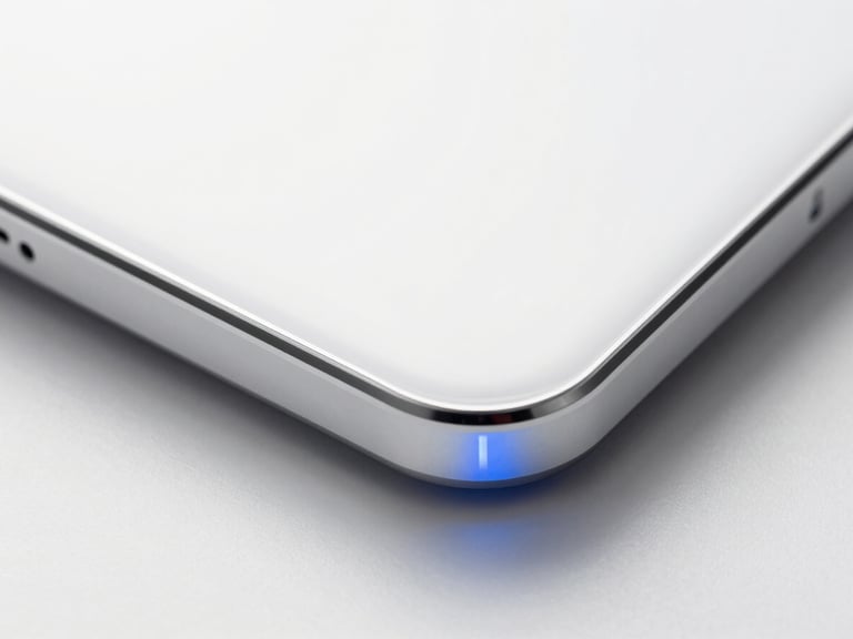 Macro close-up of a high-end tech interface with sharp clean shadows and electric blue highlights, minimalist tech photography, 35mm
