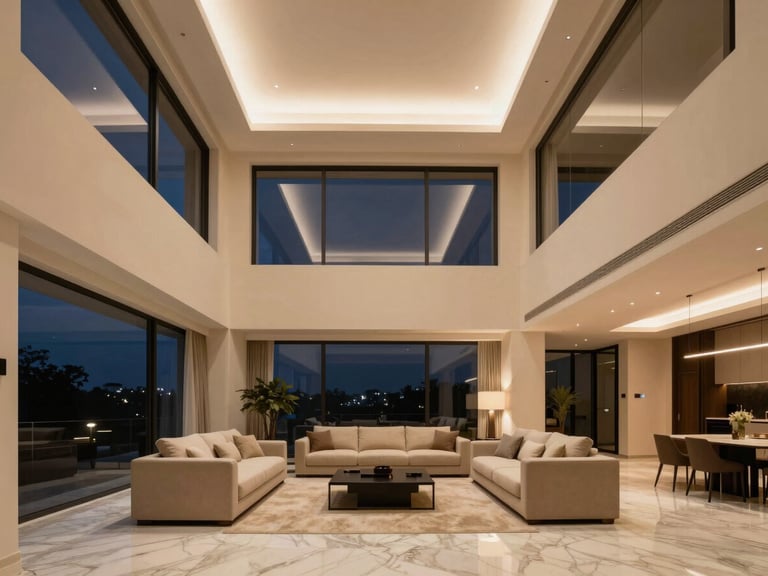 Architectural interior photography of a minimalist luxury penthouse living room in Gurgaon, double-height ceilings, warm champagne lighting, marble floors