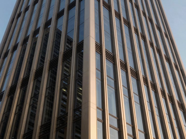 Close-up architectural detail of a modern steel skyscraper facade, sharp geometric reflections, warm champagne accents